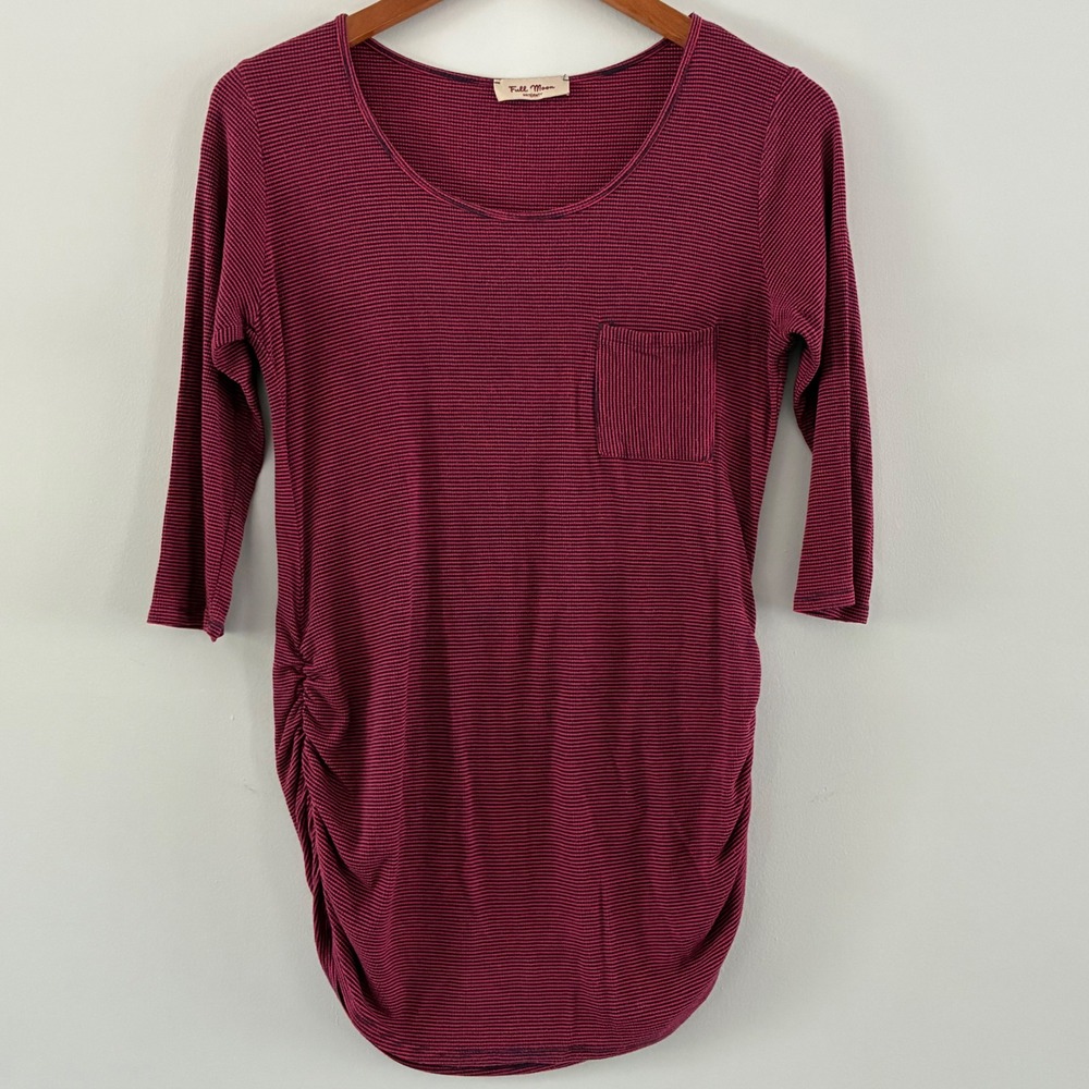 Full Moon Maternity Top Womens M Burgundy Striped Ruched 3/4 Sleeve Comfy Layer